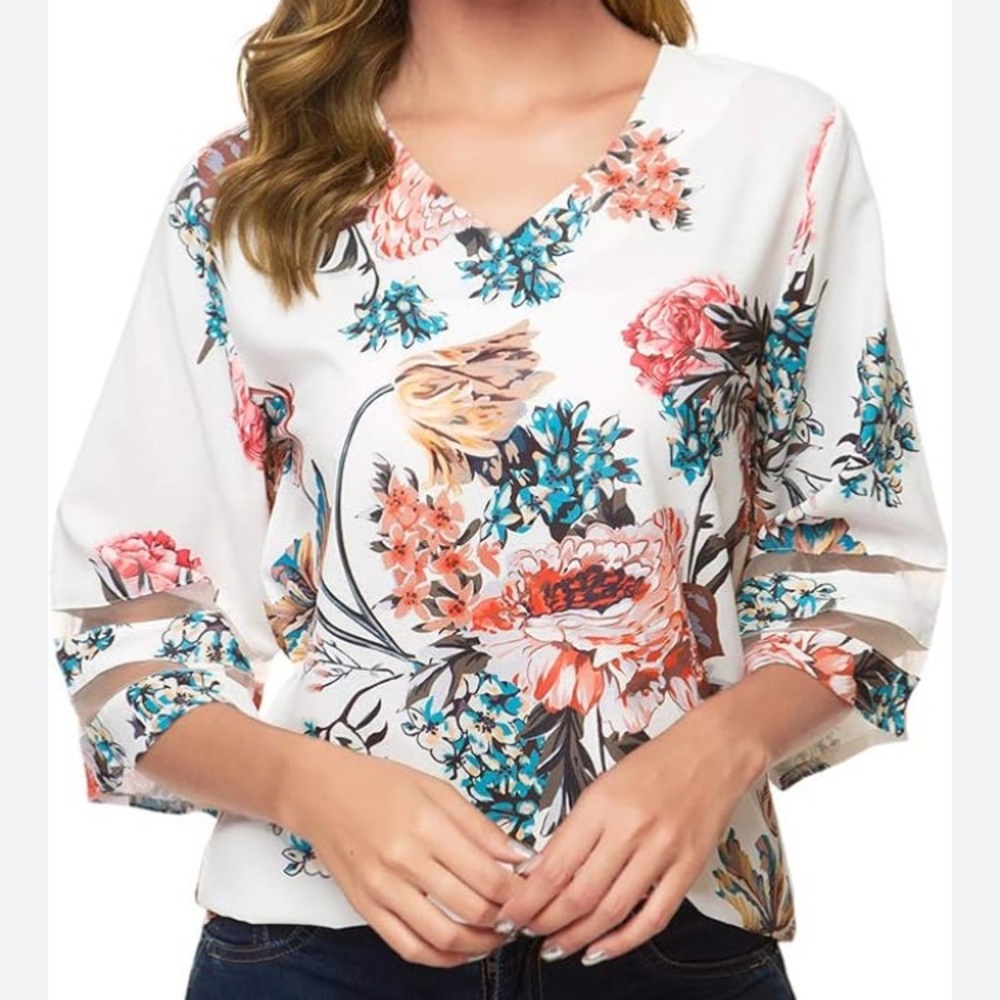 Luvamia Women’s Loose Bell Sleeves Floral V-Neck Blouse